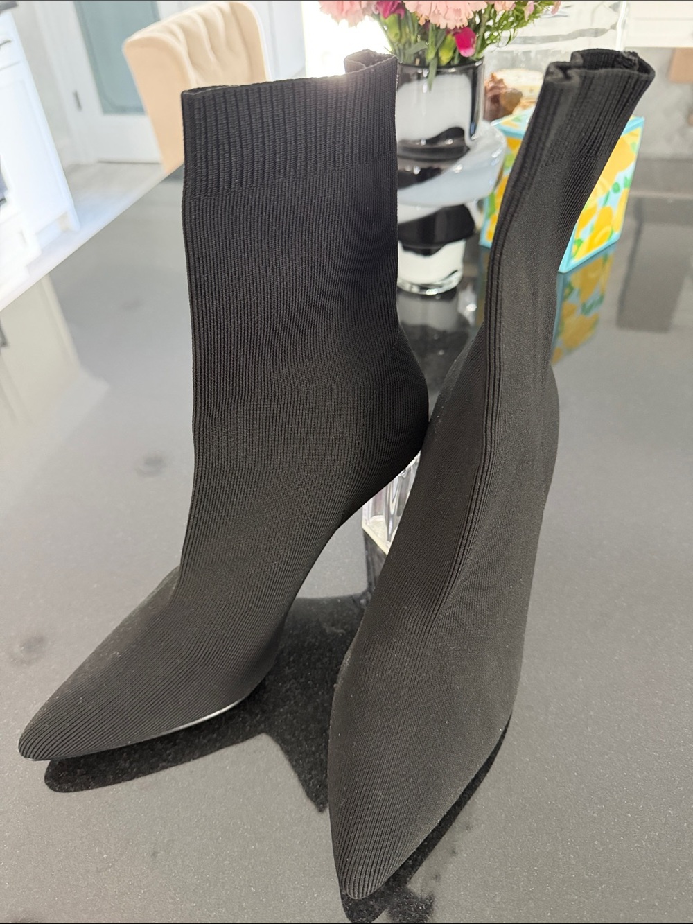 Women's Black Stretch-Knit Sock Boot with Clear Block Heel